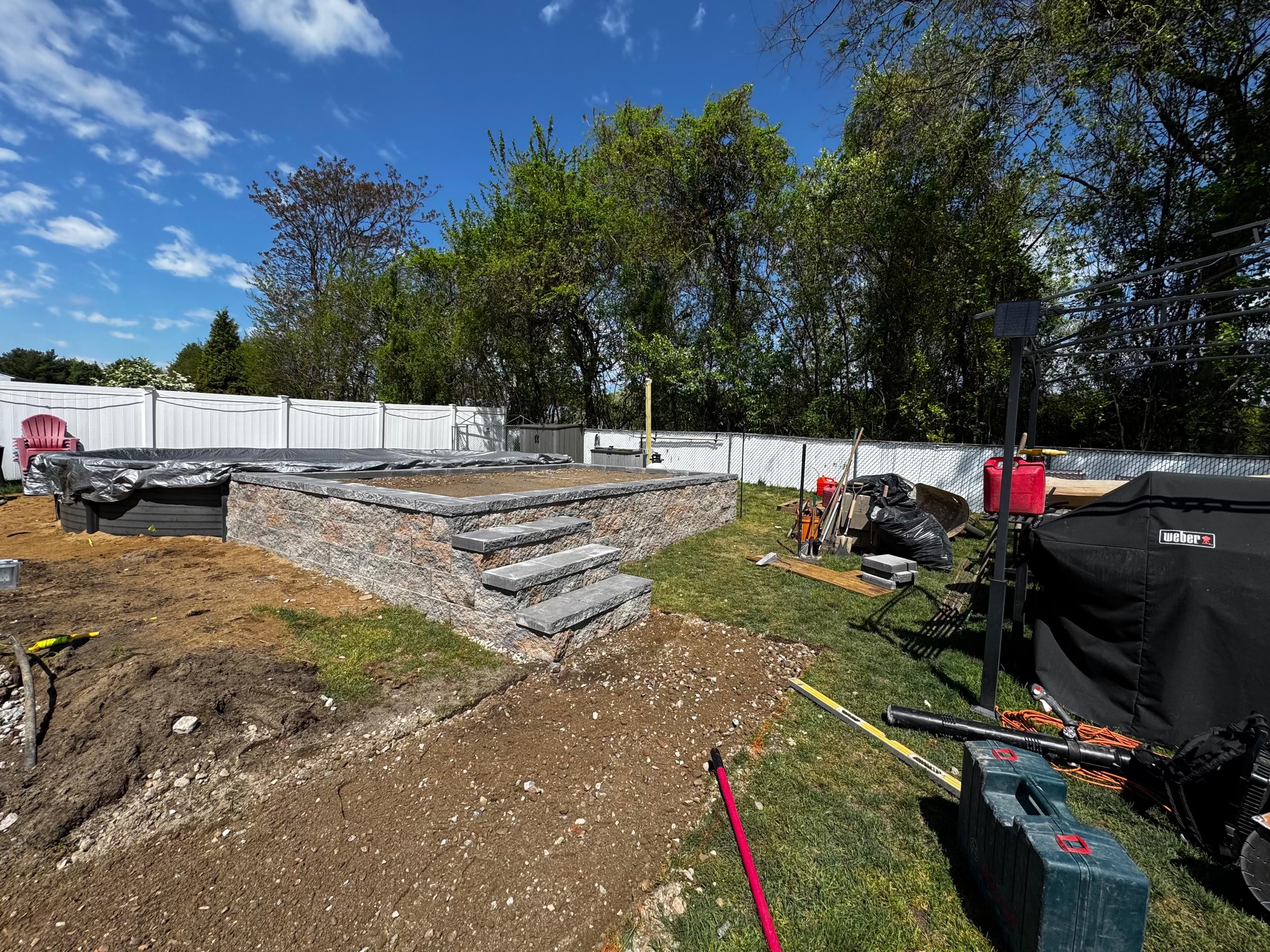 Retaining wall construction in progress